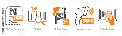 A set of 5 mix icons as qr code document, qr code, qr code scanner