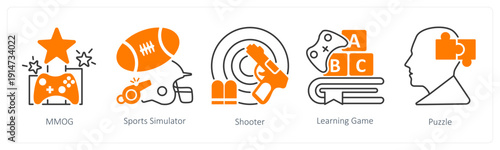 A set of 5 mix icons as mmog, sports simulator, shooter