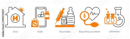 A set of 5 mix icons as clinic, order, vaccination