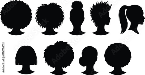 Women hairstyle silhouette collection with afro, bun, ponytail and short cuts, black vector profile icons isolated on white backgroundWomen hairstyle silhouette collection withbackground