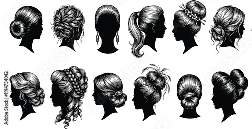 Vintage women hairstyle silhouette collection with elegant buns and braids, detailed black vector profile illustrations isolated on white