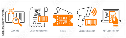 A set of 5 mix icons as qr code, qr code document, tickets