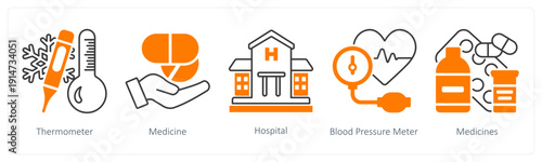 A set of 5 mix icons as thermometer, medicine, hospital