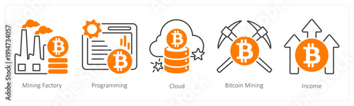 A set of 5 mix icons as mining factory, programming, cloud