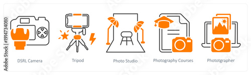 A set of 5 mix icons as dslr camera, tripod, photo studio