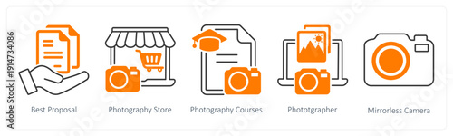 A set of 5 mix icons as best proposal, photography store, photography courses