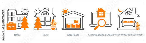 A set of 5 mix icons as office, house, warehouse, accommodation search
