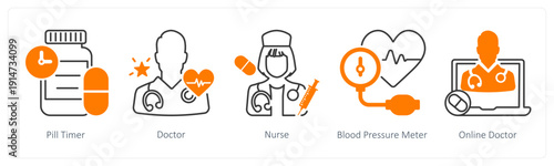 A set of 5 mix icons as pill timer, doctor, nurse