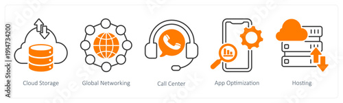 A set of 5 mix icons as cloud storage, global networking, call center