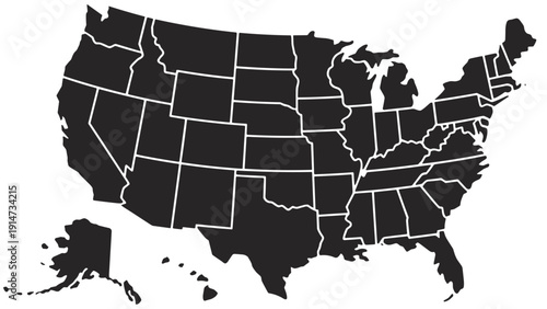 United States map silhouette, black and white state outline, geographic illustration, political boundary design, educational America map, detailed country shape icon