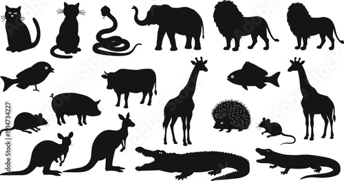 Silhouette set of various animals, wildlife vector icons including mammals, reptiles, birds, aquatic life, and pets for nature illustrations