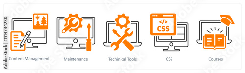 A set of 5 mix icons as content management, maintenance, technical tools