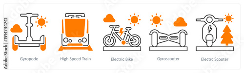 A set of 5 mix icons as gyropode, high speed train, electric bike