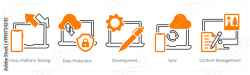 A set of 5 mix icons as cross platform testing, data protection