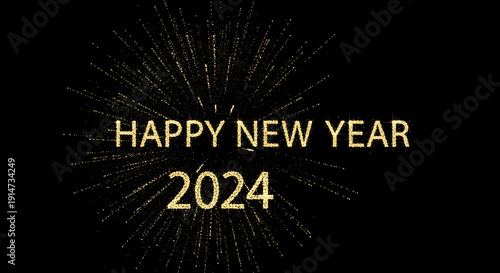 Sparkling Happy New Year 2024 on black background - a festive explosion of golden glitter for a joyous celebration