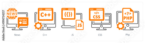 A set of 5 mix icons as news, c++, js