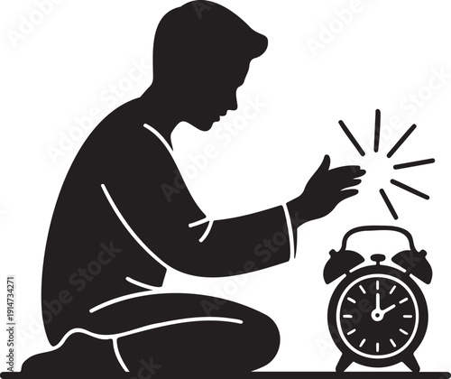 Man in black silhouette stopping alarm clock with hand