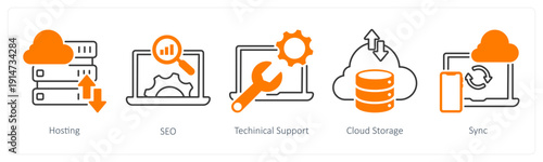A set of 5 mix icons as hosting, seo, technical support