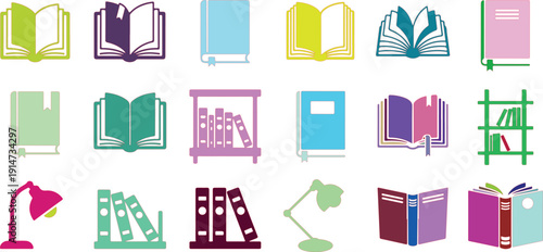 Colorful Books, Lamps, and Shelves in Flat Style reading