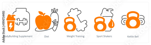A set of 5 mix icons as bodybuilding supplement, diet, weight training