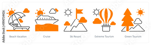 A set of 5 mix icons as beach vacation, cruise, ski resort