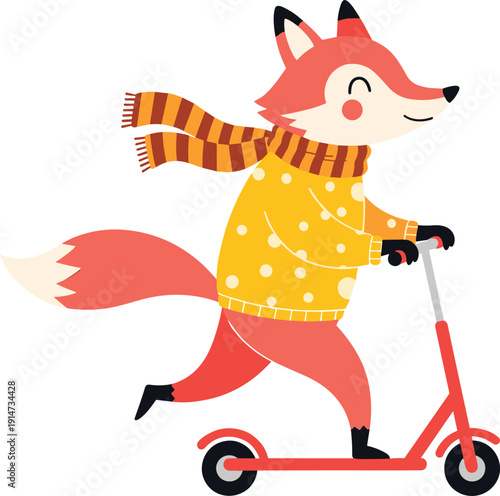 Cute cartoon fox character wearing yellow polka dot sweater and striped scarf riding a red kick scooter on white background.