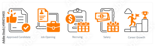 A set of 5 mix icons as approved candidate, job opening, reccuring