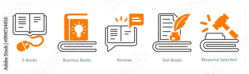 A set of 5 mix icons as e books, business books, reviews