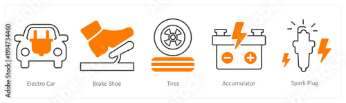 A set of 5 mix icons as electro car, brake shoe, tires