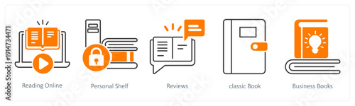 A set of 5 mix icons as reading online, personal shelf, reviews