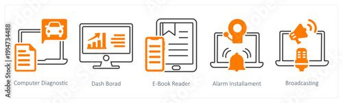 A set of 5 mix icons as computer diagnostic, dashboard, e book reader