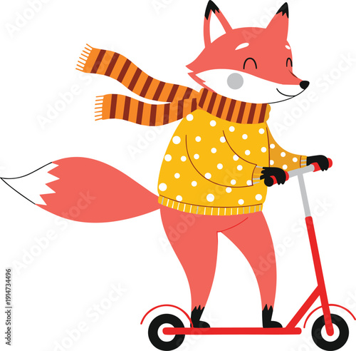 Cute cartoon fox wearing a yellow polka dot sweater and striped scarf riding a red kick scooter on white background