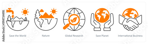 A set of 5 mix icons as save the world, nature, global research