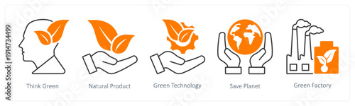 A set of 5 mix icons as think green, natural product, green technology