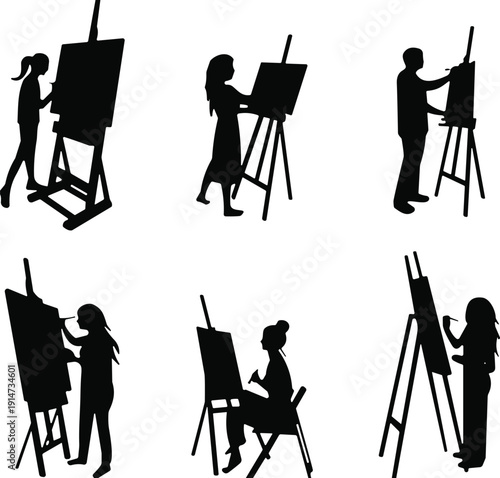 Silhouettes of Artists Painting on Easels, Creative People Drawing Art, Art Studio Scene, CAD Drawing Flat Vector Illustration