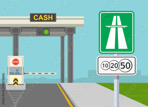 Expressway driving tips and rules. Close-up view of a "highway" sign and "payment service" additional plate at checkpoint with barriers. Flat vector illustration template.