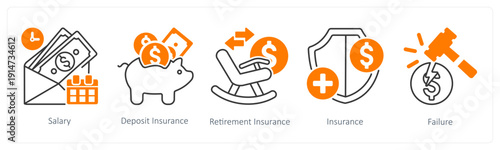 A set of 5 mix icons as salary, deposit insurance, retirement insurance