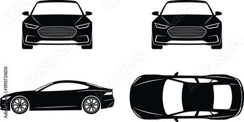 Modern sedan car silhouette set with front, side and top views, black vector automobile illustration isolated on white background