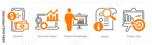 A set of 5 mix icons as payment, technical project, project presentation