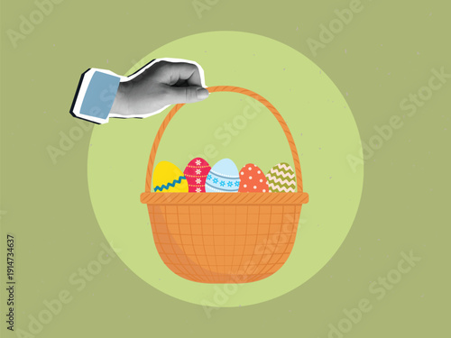 A hand holds a wicker basket with decorated Easter eggs. Modern photo collage style. Vector illustration