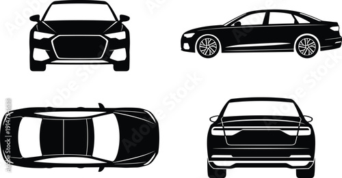 Modern sedan car silhouette set with front, side, top and rear views, black vector automobile isolated on white background