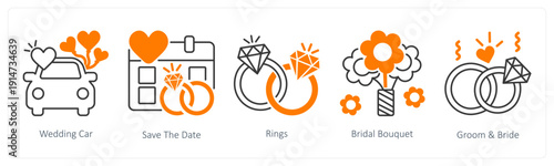 A set of 5 mix icons as wedding car, save the date, rings