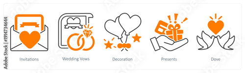 A set of 5 mix icons as invitations, wedding vows, decoration