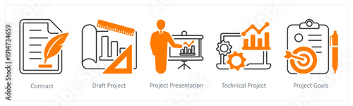 A set of 5 mix icons as contracts, draft project, project presentation