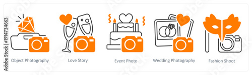 A set of 5 mix icons as object photography, love story, event photo