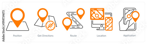 A set of 5 mix icons as position, get directions, route
