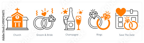 A set of 5 mix icons as church, groom and bride, champagne