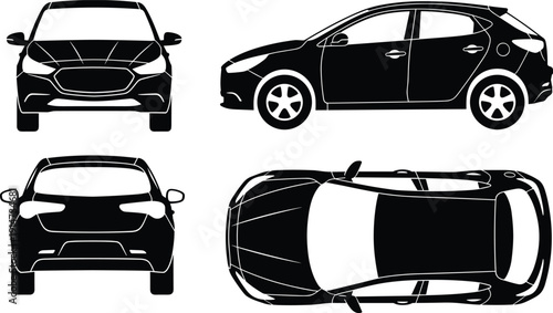 Modern hatchback car silhouette with front, side, rear and top views, black vector automobile illustration isolated on white background