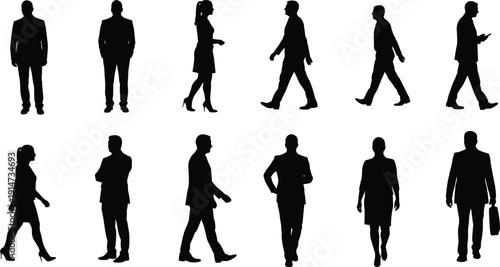 Silhouettes of business people walking and standing, formal man and woman in suits, corporate office vector illustration for professionals