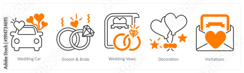 A set of 5 mix icons as wedding car, groom and bride, wedding vows